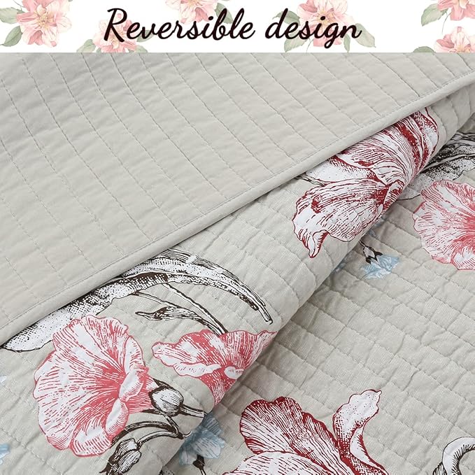 Cozy Line Home Fashions Taupe Khaki Floral Blooming 100% Cotton Reversible Quilt Bedding Set, Coverlet, Bedspread (Taupe Blooming, Queen - 3 Piece)