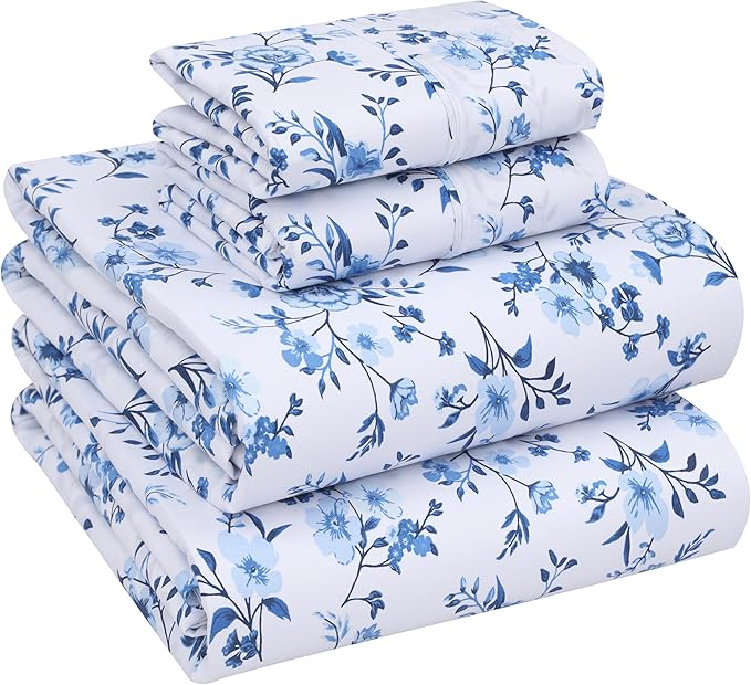 RUVANTI 100% Cotton Full Size Bed Sheets, 4 Pieces, Soft & Breathable Percale Weave Bedding, Deep Pocket 16", Hotel Standard, Crisp Cool Feel, Durable, Perfect Sheet Set Floral, Annual