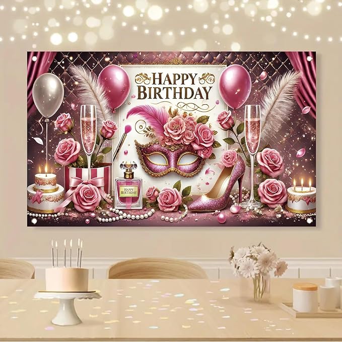 High Heel Birthday Party Backdrop, Glamorous Pink Gold High Heel Shoe Glitters, Polyester Fabric, Ideal for Women's Birthday Parties