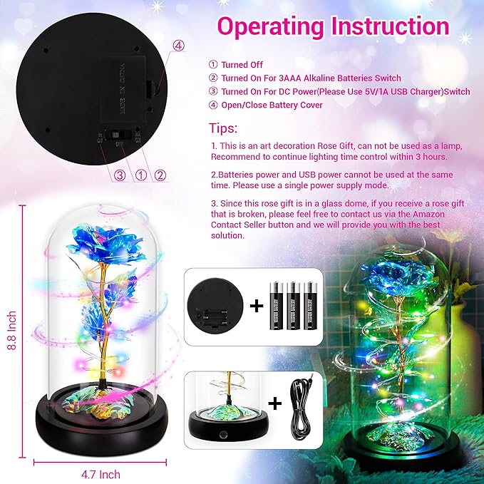 Childom Christmas Rose Gifts for Women,Birthday Gifts for Women Mom Christmas,Flowers for Delivery Prime,Rotating Blue Light Up Rose in A Glass Dome,Anniversary Rose Gift for Her Valentines Day
