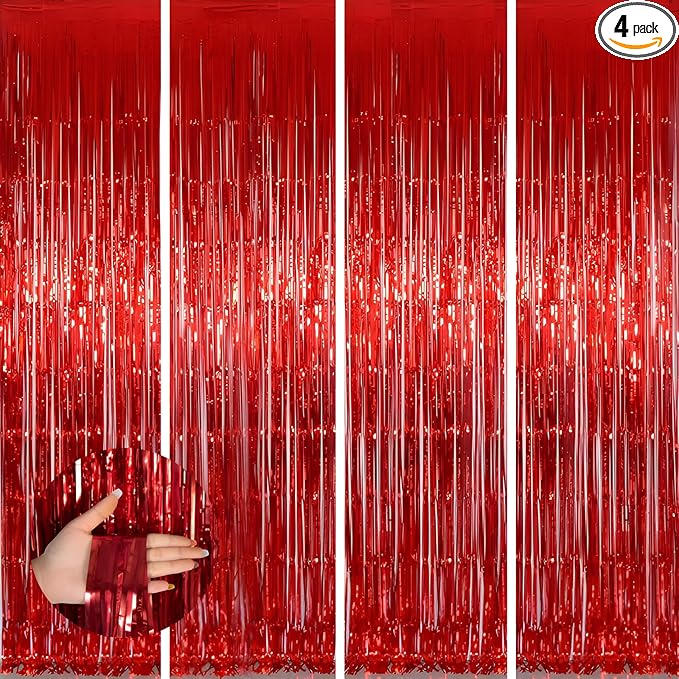 Keyali 4 Pack 3.3 * 8.3 ft Foil Curtain Metallic Tinsel Fringe Curtains Photo Booth Props Backdrop for Birthday Wedding Engagement Baby Shower Christmas Holiday Celebration Partyl,Red