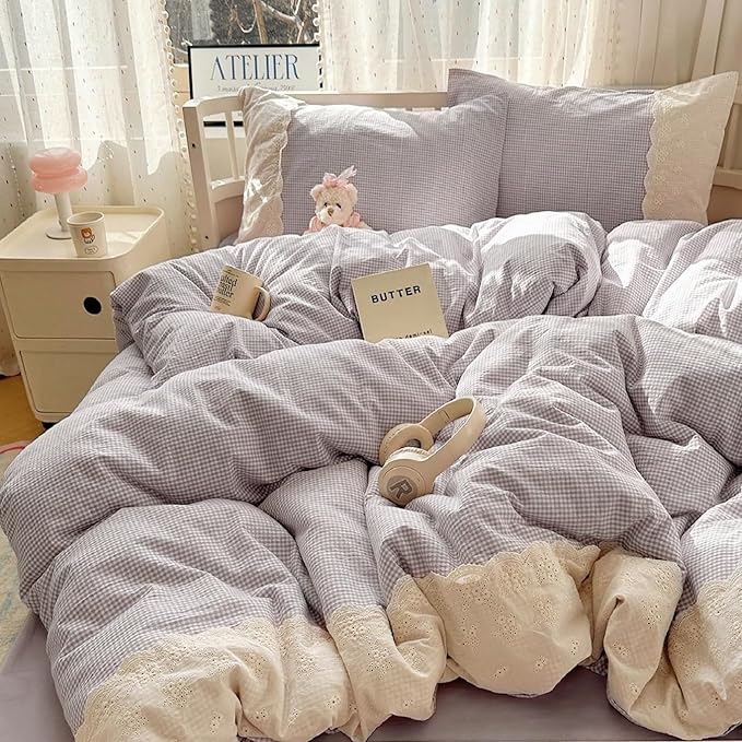 LifeTB Purple Gingham Duvet Cover Queen Cozy Washed Microfiber Purple Checkered Plaid Duvet Cover with 2 Pillowcases Romantic White Lace Comforter Cover 3 Pieces Gingham Grid Bedding Set