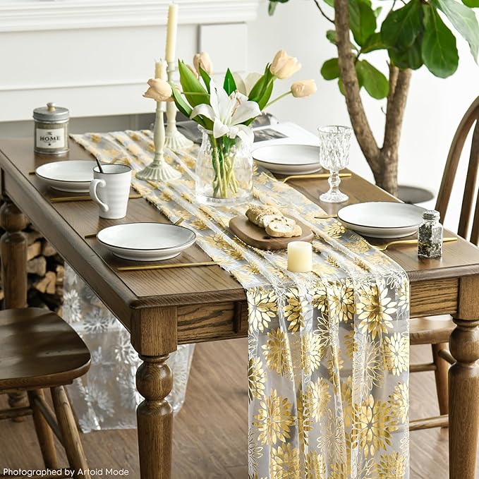 Artoid Mode Beige Gold Dahlia Flower Gauze Table Runner 120 Inch 10FT, Glitter Metallic Foil Seasonal Sheer Dining Holiday Table Decor for Home Party