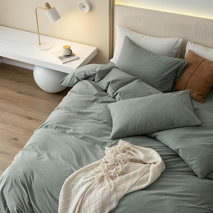 JIYUAN 100% Washed Cotton Duvet Cover Set 2 Pieces Twin, 1 Duvet Cover 68x90 Inches(Comforter Not Included) and 1 Pillowcases,Linen Feel Bedding Set Comfy and Breathable, Heathered Green