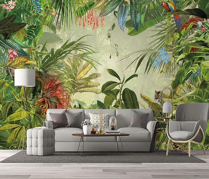 Tropical Botanical Animal Floral Bird Wallpaper Woodland Forest Tree Nursery Kids Bedroom Plant murals Living Room tv Background Large Wall Mural - 91"x65" Not Peel and Stick