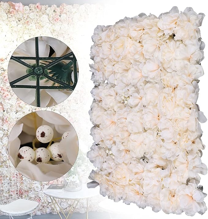 16"x 24" Artificial Flower Wall Panels, Silk Flower Panels for Outdoor Garden Backyard Fence Privacy Screen and Indoor Wall Decor (6Pcs Champagne)