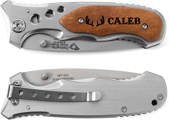 Palmetto Wood Shop Gifts For Him, Laser Engraved Personalized Pocket Knife, Gifts for Husband, Dads, Fathers Day, Valentines, Christmas, Choose from 30 Optional Icons
