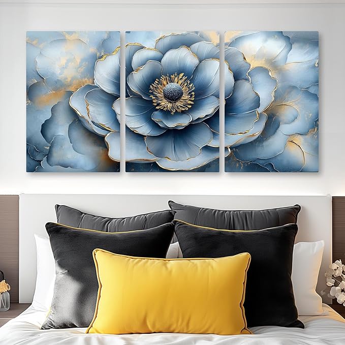 Kewhush Blue Wild Rose Canvas Wall Art, Floral Canvas Prints, Flower Blooming Set of 3 Pictures, Rose Wall Decor, Gold Accent Decor, Modern Artwork for Living Room, Bedroom (24" x 36" x 3 pcs)