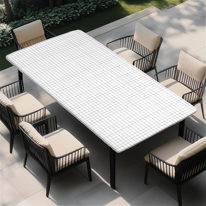 Rectangle Table Cloth Cover Waterproof Elastic Fitted Polyester Fitted Tablecloths for 8 Foot Tables for Indoor,Picnic, Camping, Outdoor （96" x 30"，White Grid）