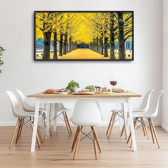 Framed Large Pictures Wall Art for Living Room, Yellow Ginkgo Trees Oversized Wall Decor Nature Scenery Landscape Canvas Painting Modern Extra Large Framed Artwork for Bedroom Office 60"x30"