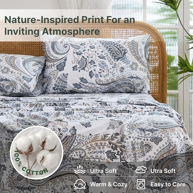 100% Cotton Sheet Set Queen Size – 4-Piece Luxury Grey Paisley Bedding Set, Extra Soft Breathable Percale Weave, Deep Pocket Fitted Sheet 17.5", Crisp Cool Feel Bed Sheet