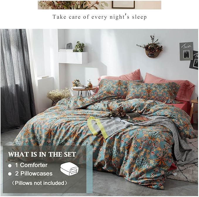 VM VOUGEMARKET Bohemia Comforter Set King,3 Piece Sage Green Flower Comforter with 2 Pillowcases,Green Golden Elegant Bedding Set