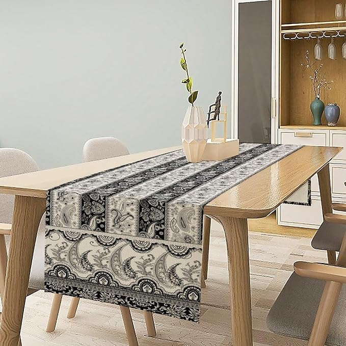 Vintage Bohemian Table Runner, Striped Black Grey Paisley Flower Boho Table Runner for Kitchen Dining Holiday Home Party, 13x60 Inch