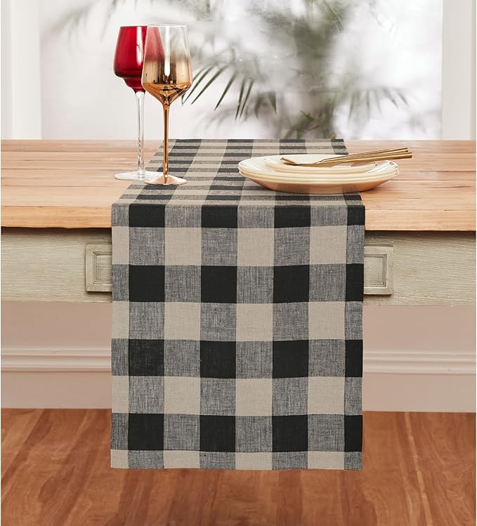 Solino Home Linen Checkered Table Runner 144 Inches Long - 100% Pure Linen Buffalo Check Natural and Black Table Runner 14 x 144 Inch Ideal for Dining, Spring