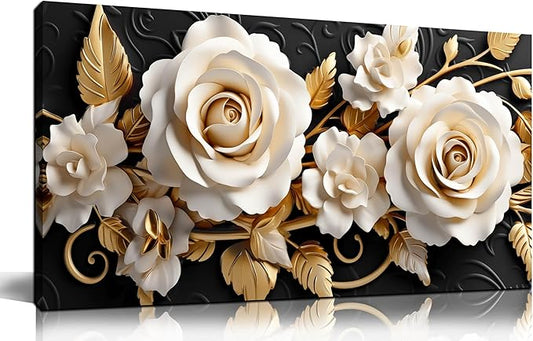 Flower Large Canvas Wall Art for Living Room Bedroom Home Office White and Gold Wall Art Blossom Picture Framed Wall Decor Modern Canvas Prints 20x40 In