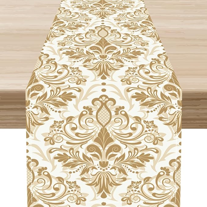 Golden Damask Table Runner, Luxury Antique White Gold Bohemian Exotic Flower Cafe Table Center Decor for Home Kitchen Dining Patio Holiday Party Indoor Outdoor Table Decorations 13x36 inch