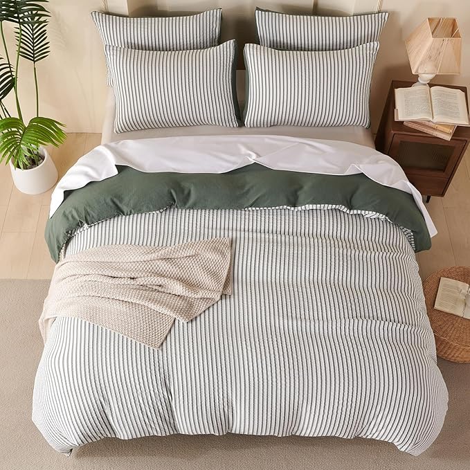 King Duvet Cover Set Striped Washed Microfiber Jacquard 3 Pieces Bedding Set, Green White Vertical Ticking Stripes Pattern Comforter Cover with Zipper Closure Breathable Durable Soft Comfy