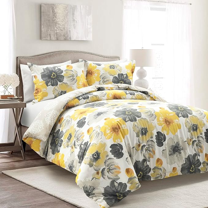 Lush Decor Leah Reversible 100% Cotton Duvet Cover Set, 3 Piece Set, King, Yellow & Gray - King Bedding Set - Yellow Duvet Cover - Country Floral Decor