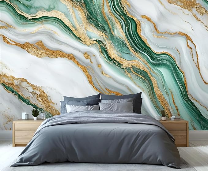 Green Gold Marble Wall Mural, Elegant Marble 3D Wall Murals, Luxury Stone Texture Wallpaper Mural, for Living Room Bedroom Large Wallpaper Indoor Decor 197" W x124.8 H