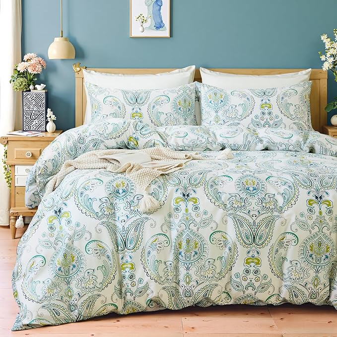 100% Cotton Floral Duvet Cover King - Green Paisley Comforter Cover 3-PC, Soft & Breathable Bedding Duvet Cover Sets with Zipper Closure & Corner Ties, Retro Duvet Cover Sets