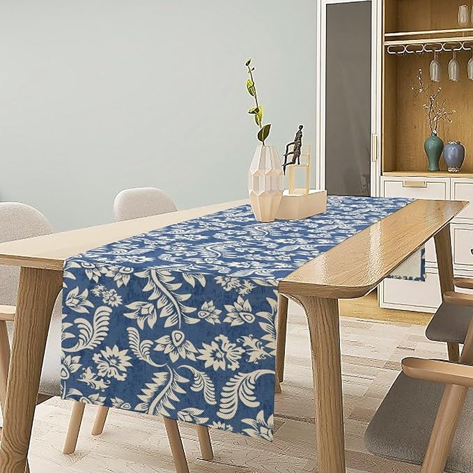 Vintage Floral Table Runner, Rustic Blue White Paisley Flower Boho Farmhouse Decor Table Runner for Kitchen Dining Home Party Decor, 13x36 Inch