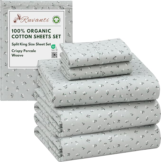 RUVANTI 100% Organic Cotton Sheets Split King, Percale Weave, GOTS Certified, 5-Piece Set, Deep Pocket 15", Crisp & Breathable, Soft Durable Bedding, Sábanas Algodón Orgánico – Bud Club