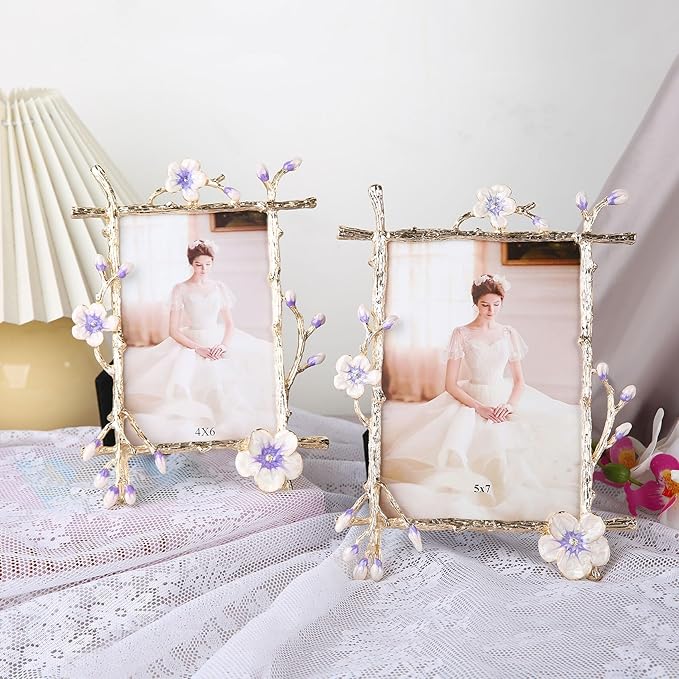 4x6 Purple Floral Picture Frame Vintage Gold Photo Frame with Glass Front, Ornate Antique Tabletop Art Desktop Home Office Decor Gold Metal Frame, Unique Gifts for Women Wedding Mothers Day