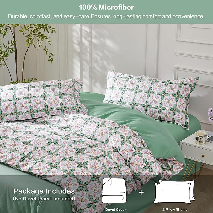 SAPHREAS Queen Size Boho Duvet Cover Green Paisley Bedding Set with 8 Corner Ties and 2 Pillow Shams Microfiber Reversible Duvet Cover Set with Zipper Closure