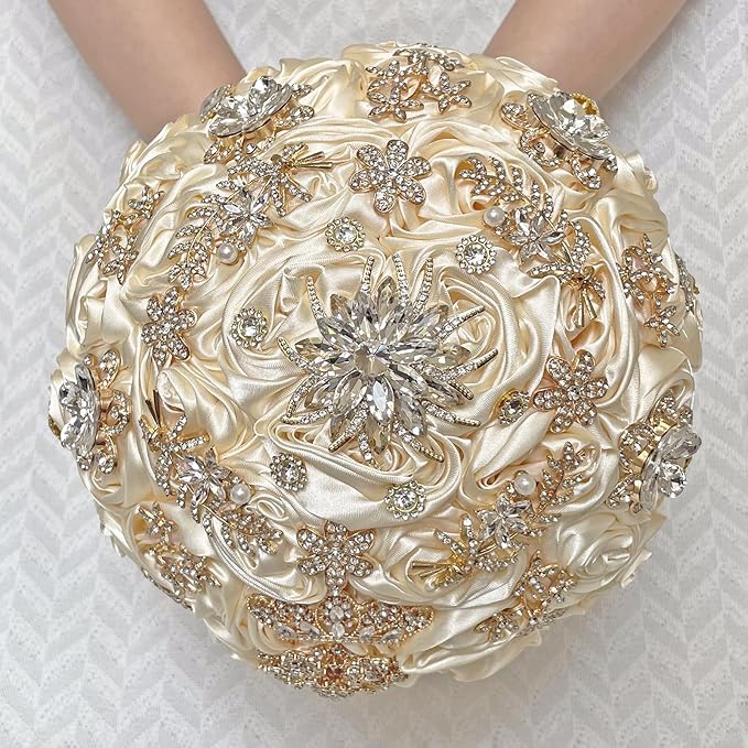 Handmade Satin Rose Floral Bling Pearl Decor Bridal Wedding Bouquet Rhinestone Pendant Artificial Brooch Flowers for Bride Bridesmaid Quinceanera