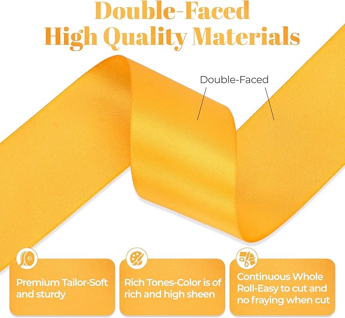 Yellow Gold Satin Ribbon, Double Faced 1-1/2 Inch X 25 Yards Yellow Gold Ribbon, Premium Satin Ribbon for Gift Wrapping, Crafts, Hair Bow Making, Sewing, Flower Bouquet, Wedding Party Decor