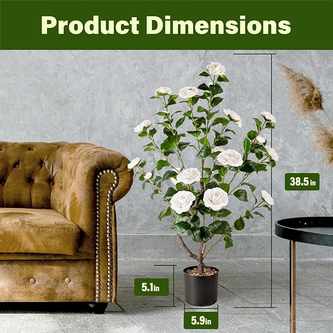 Artificial Camellia Tree,2Pack 3.2FT Faux White Camellia Plants in Pots,Lifelike Artificial Flower Trees for Indoor Outdoor Home Decor,Realistic Blooming Faux Plants for Living Room Porch Patio Office