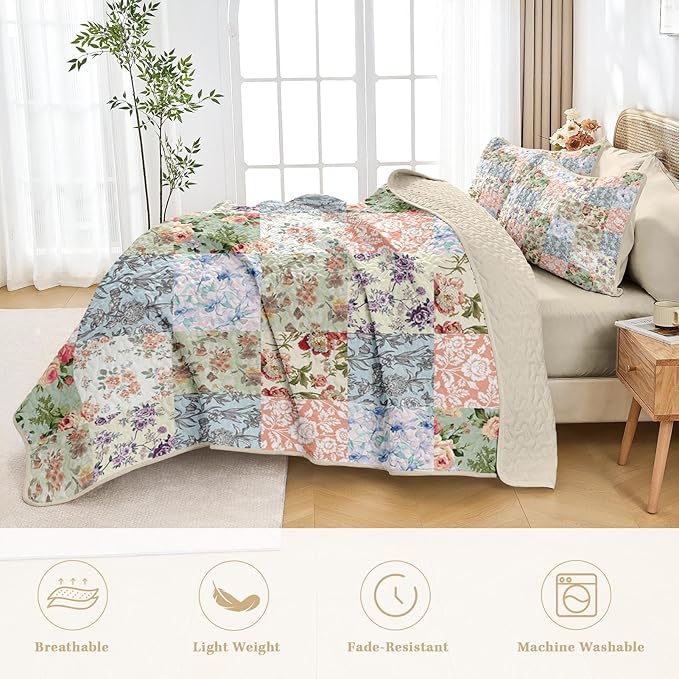 Quilt Set Twin Size, Vintage Patchwork Floral 2 Pcs Soft Bed Cover Bedding Set, Boho Mid Century Lightweight Bedspread Coverlet with Pillow Sham for All Season
