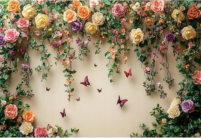Baocicco 20x10ft Flowers Wall Photography Background Butterfly Spring Floral Botanical Banner Backdrop Vintage Wedding Birthday Backdrop Decorations Girls Party Table Cake Decoration Photo Props
