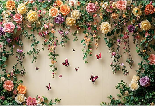 Baocicco 12x8ft Flowers Wall Photography Background Butterfly Spring Floral Botanical Banner Backdrop Vintage Wedding Birthday Backdrop Decorations Girls Party Table Cake Decoration Photo Props