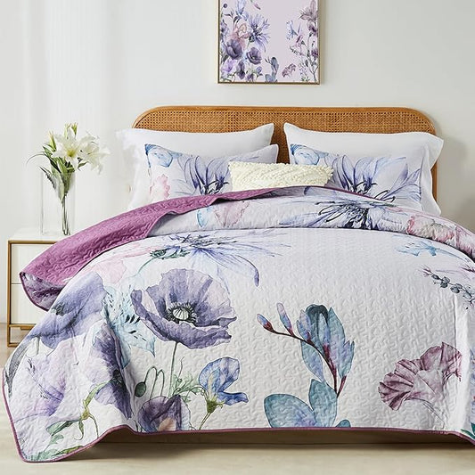 Yogeneg Full Queen Size Quilt Set,Elegant Floral Botanical Pattern Purple Bedding Set,3 Piece Lightweight Soft Summer Bedspread Coverlet with 2 PIillow Sham for All Season(Purple Floral,90"x96")