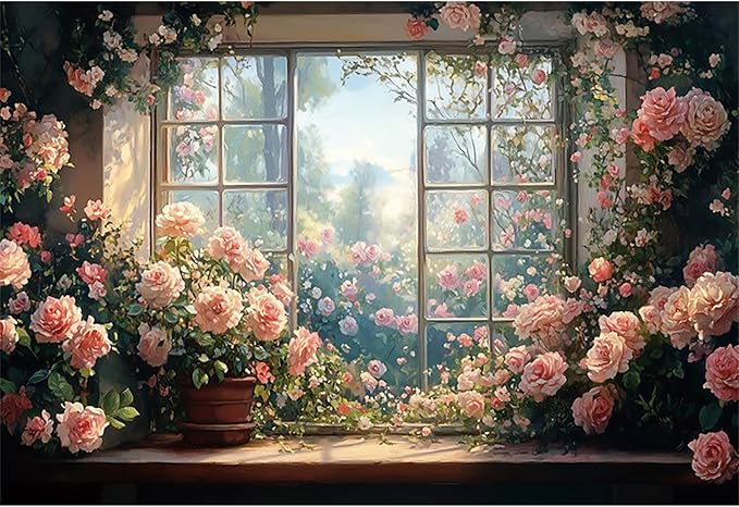 Baocicco 15x10ft Window Floral Backdrop Photography Flowers Wedding Bridal Shower Photography Background Retro Oil Painting Flower Banner for Girls Women Birthday Newborn Party Decorations Props