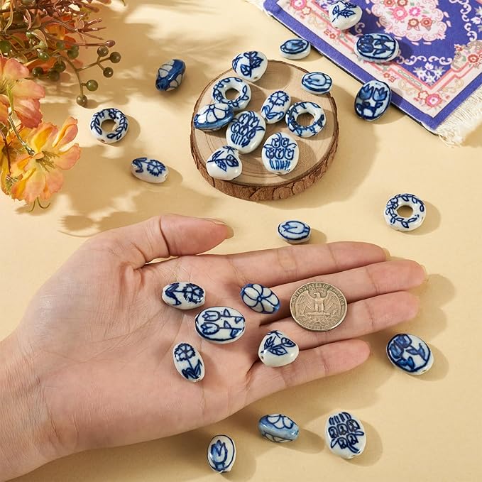 Beadthoven 28Pcs 7 Styles Flower Printed Porcelain Beads Blue White Handmade Ceramic Beads Vintage Floral Oval Barrel Heart Donut Shaped Spacers for DIY Jewelry Making Bracelets Necklace Beading Kit