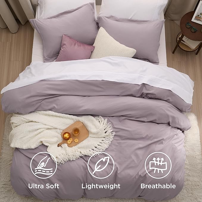 Bedsure Dusty Purple Duvet Cover Queen Size - 3 Pieces Prewashed Cotton-Like Extra Soft Bedding Set, Includes 1 Duvet Cover 90x90 Inches with Zipper Closure & 2 Pillow Shams, Comforter Not Included