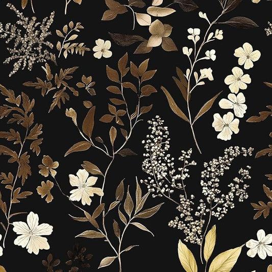 Vintage Leaf Wallpaper Peel and Stick Gold Leaf Contact Paper 17.4" x 393" Black Floral Waterproof Self-Adhesive Wall Covering for Bedroom Countertop Desk Cabinets