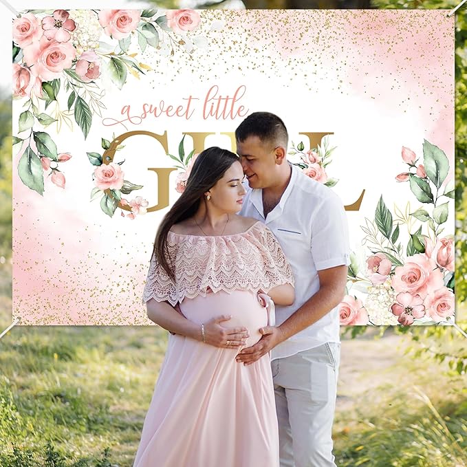 Avezano Girl Baby Shower Backdrop Pink Floral Sweet Baby Baby Shower Banner A Sweet Little Girl is on Her Way Party Decorations Banner (8x6ft)