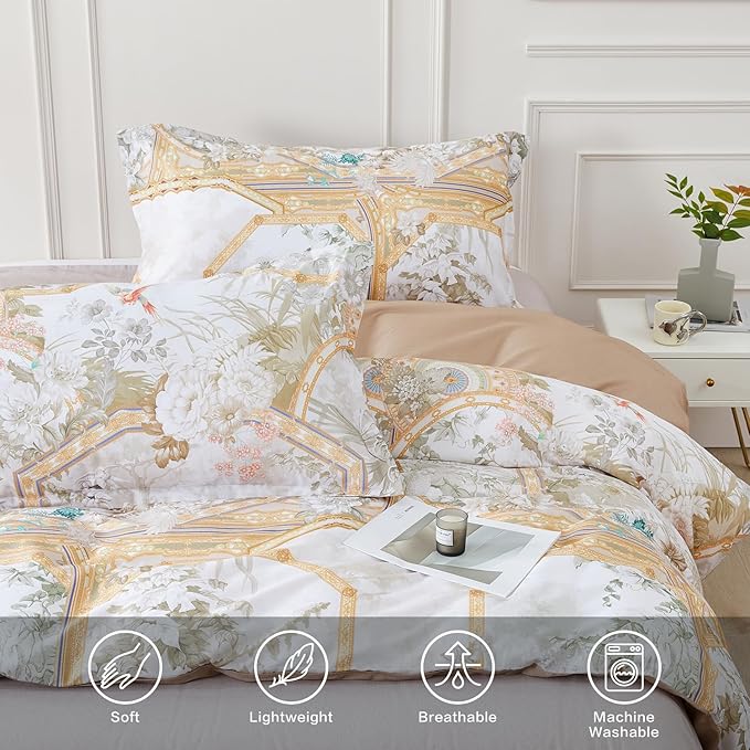 SAPHREAS Gold Floral Duvet Cover Set 3pcs Full Size White Flower Botanical Blossom Bedding Comforter Cover Set 100% Cotton 1 Duvet Cover 2 Pillow Shams, Comforter Not Included