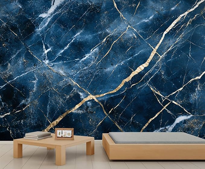 Blue Marble Wall Mural, Gold Vein Marble 3D Wall Murals, Luxury Navy Stone Wallpaper Mural, for Living Room Bedroom Large Wallpaper Indoor Decor 98.4" W x68.9 H