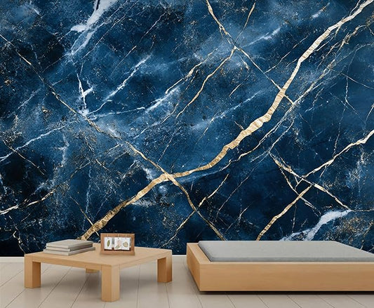 Blue Marble Wall Mural, Gold Vein Marble 3D Wall Murals, Luxury Navy Stone Wallpaper Mural, for Living Room Bedroom Large Wallpaper Indoor Decor 177.16" W x120 H