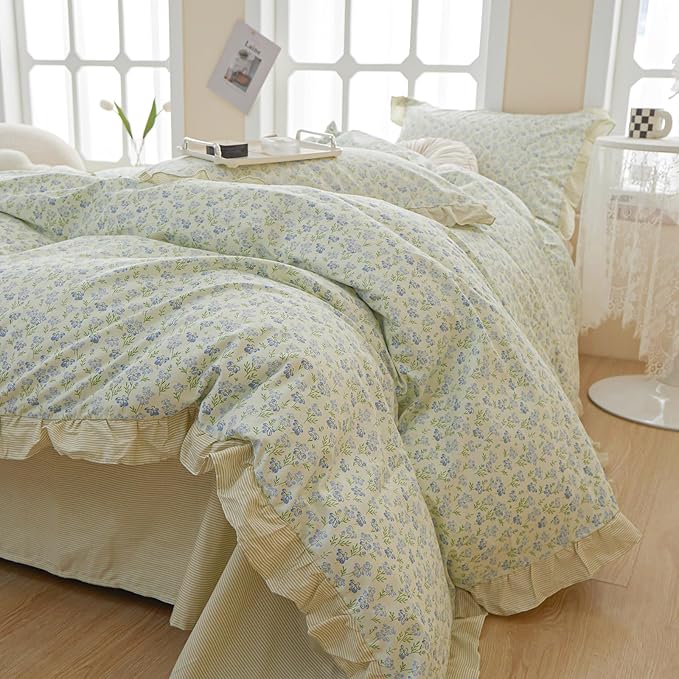 LifeTB Green Floral Comforter Set Twin XL Romantic Ruffled Comforter Blue Flower Bedding Comforter Set Soft Microfiber Floral Bedding Set Lightweight Fluffy Vintage Botanical Comforter for All-Season