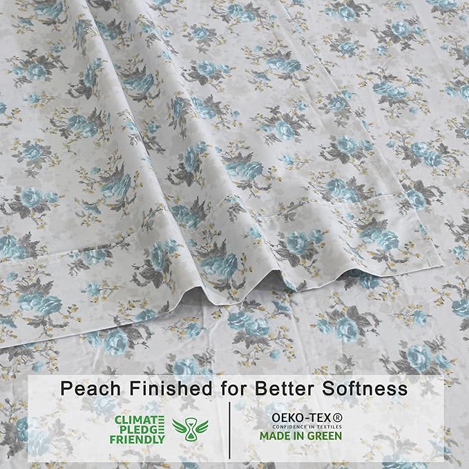 RUVANTI 100% Organic Cotton Sheets King Size, Percale Weave, GOTS Certified, 4-Piece Set, Deep Pocket 15", Crisp & Breathable, Soft Durable Bedding, Sábanas Algodón Orgánico – Blue Rose