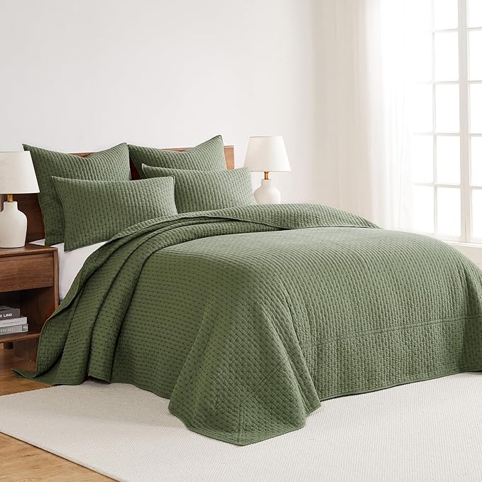 Levtex Home Cross Stitch Reversible Queen Bedspread Set (104x106in) with 2 Pillow Shams (26x20in) - Stitch Texture - Forest Green - Cotton Queen Size Bedspread Set - Lightweight, Soft, Pre-Washed