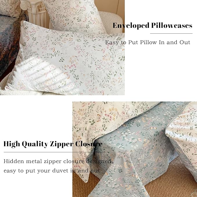 EAVD Girls Floral Botanical Duvet Cover Twin Soft Cotton Chic Shabby Garden Floral Leaves Print Bedding Set with 2 Pillowcases Fresh Cute Floral Comforter Cover with Zipper Closure