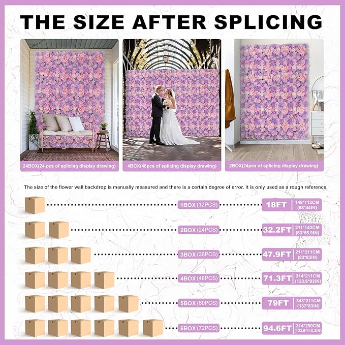 Flower Wall Backdrop12 pcs 16.5x16.5 Inch Floral Wall Panel Artificial Silk Rose Wall Decor Ideal for Wedding Celebrations, Festive Party Backdrops, and Home Decor-Pink and Purple