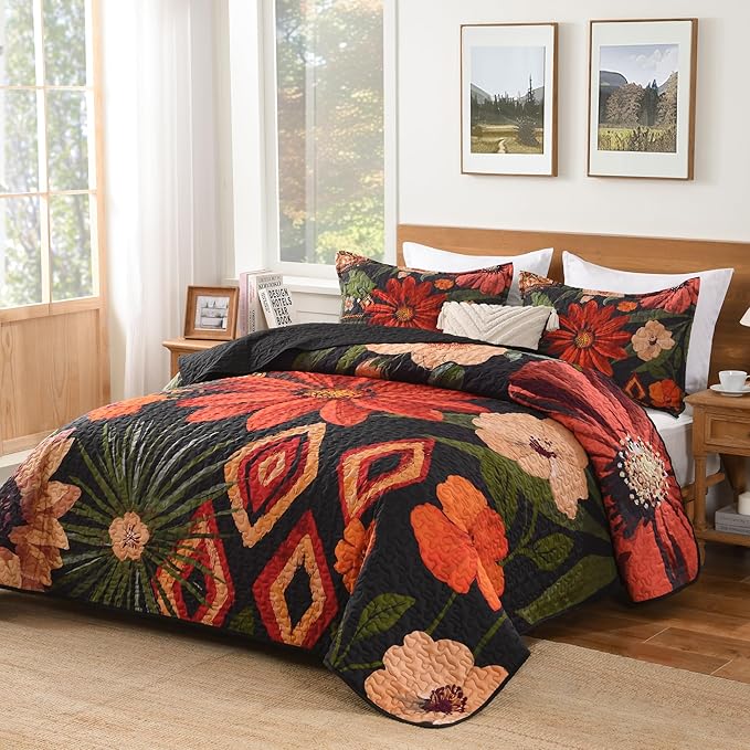 Andency Floral Boho Queen Quilt Bedding Set Black, 3 Pieces Farmhouse Flower Botanical Summer Bedspreads with 2 Shams, Soft Reversible Lightweight Microfiber Coverlet Set for All Season, 90"x96"