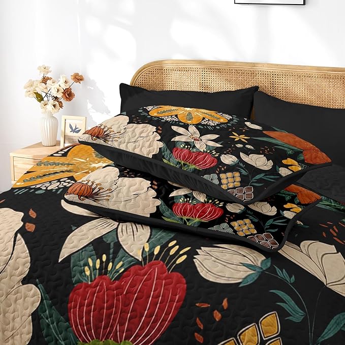 Quilt Set Twin Size, Black Tropical Floral 2 Pcs Soft Bed Cover Bedding Set, Farmhouse Botanical Lightweight Bedspread Coverlet with Pillow Sham for All Season